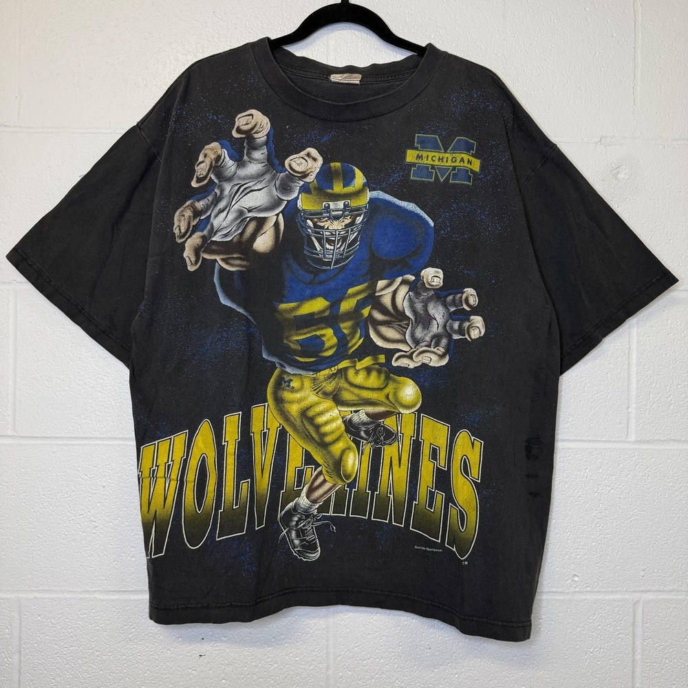 Vintage 90s University of Michigan Wolverines Tshirt NCAA Football Black Size XL